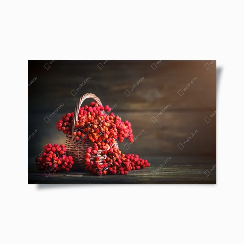 Poster autumn rowan berries in wicker basket
