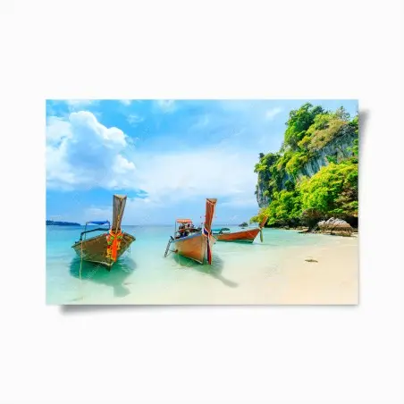 Poster longtail boats on a turquoise Phuket beach • Wallissimo®