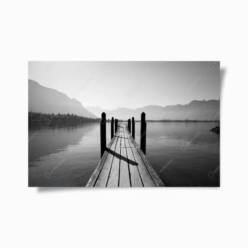 Poster serene lakeside pier in monochrome