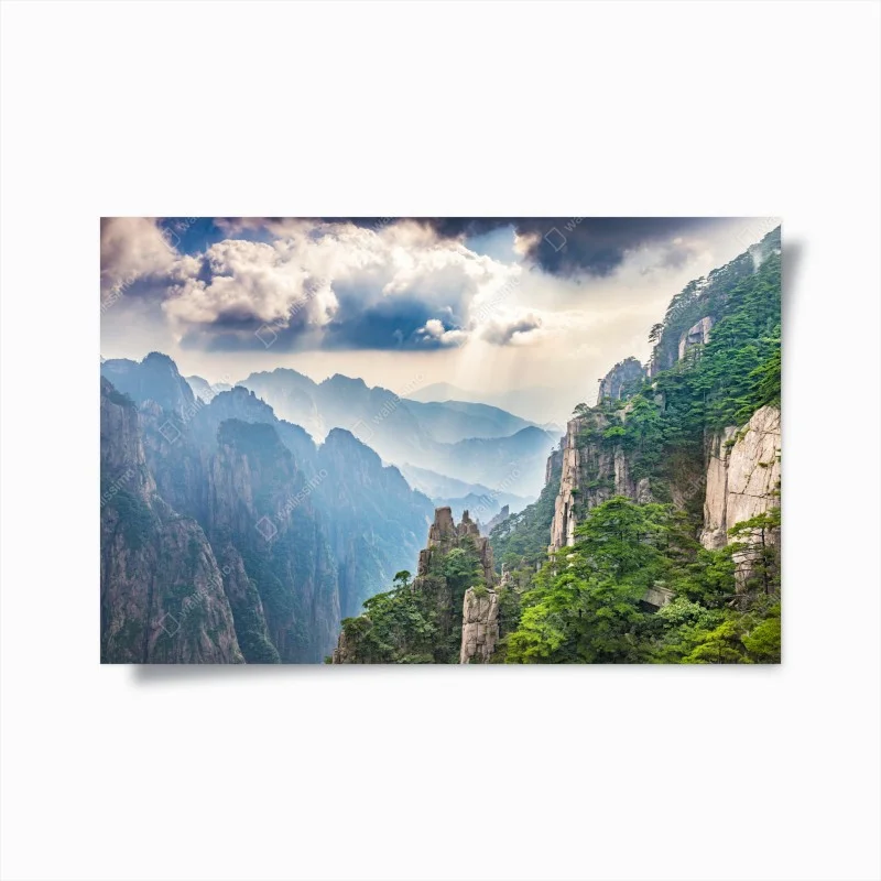 Poster misty mountain cliffs with sunrays