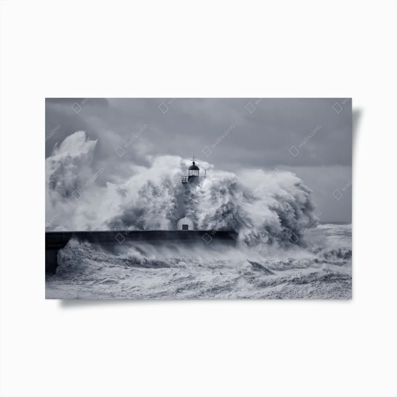 Poster lighthouse engulfed by stormy waves