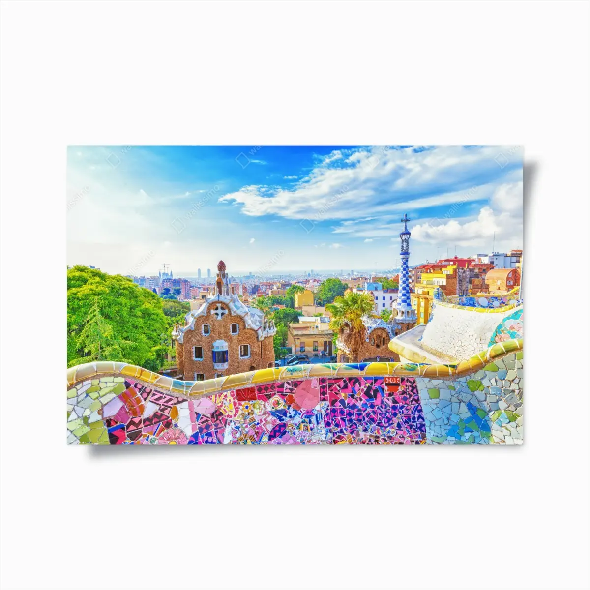 Poster vibrant Barcelona Park Güell mosaic skyline • Wallissimo® Poster vibrant Barcelona Park Güell mosaic skyline • Wallissimo®