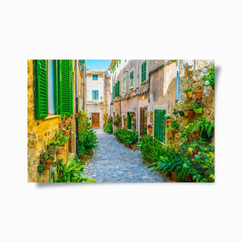Poster sunlit alley with green shutters