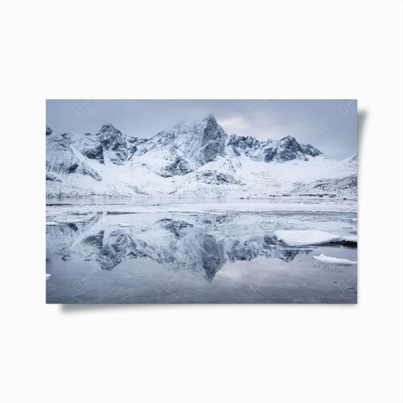 Poster snowy mountain ridge reflection in Norway