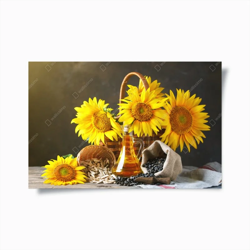 Poster bright sunflower still life with seeds and oil
