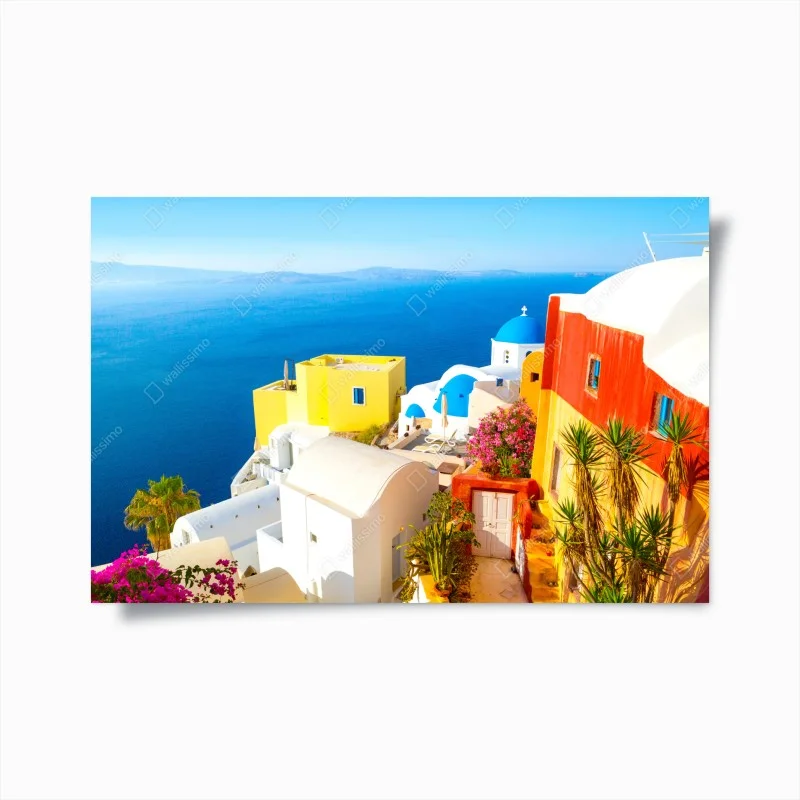 Poster sunlit Santorini seaside village