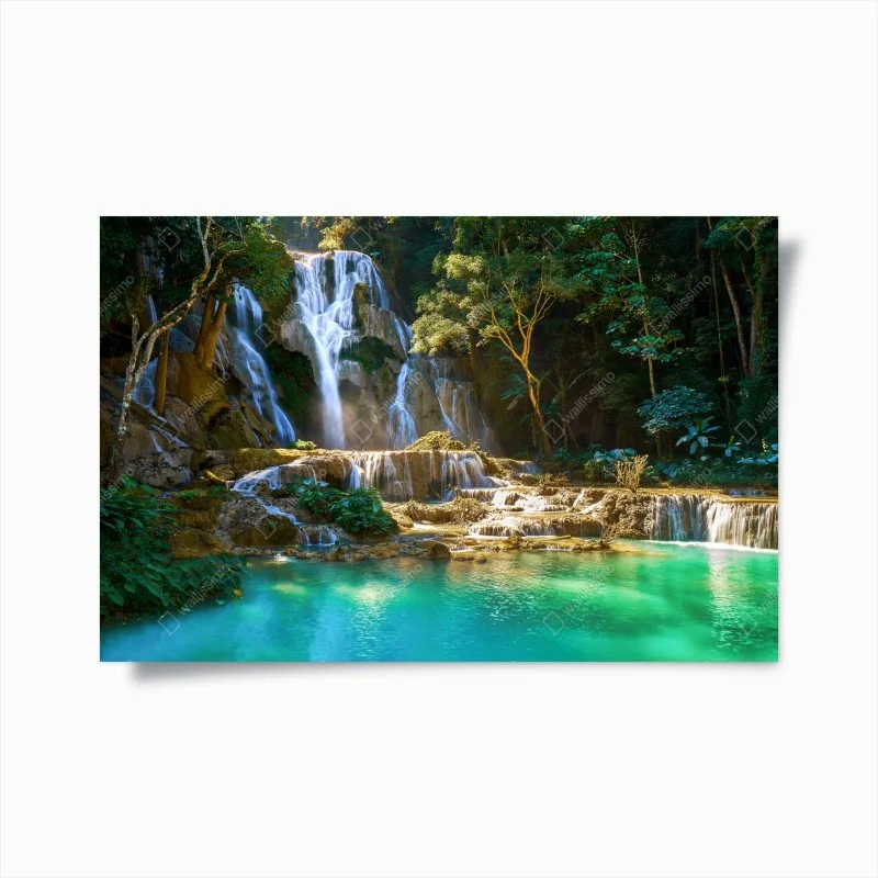 Poster turquoise waterfall in lush forest