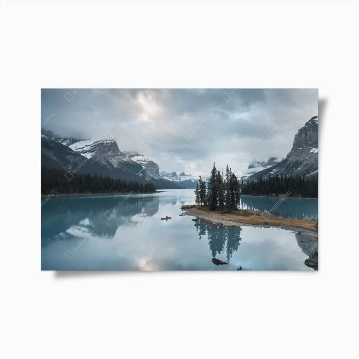 Poster tranquil alpine lake with island and canoe • Wallissimo® Poster tranquil alpine lake with island and canoe • Wallissimo®