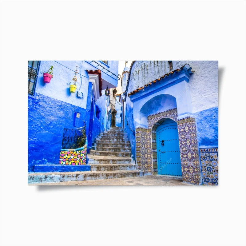 Poster charming blue alleyway in Chefchaouen, Morocco