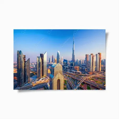 Poster Dubai skyline with Burj Khalifa at sunset • Wallissimo®