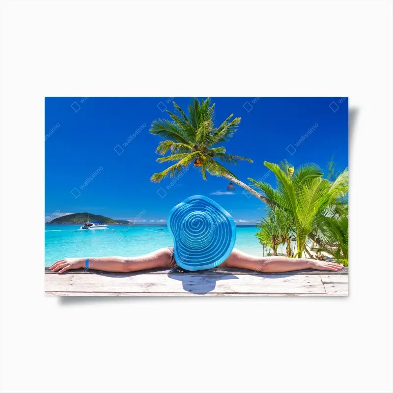 Poster tropical beach relaxation with blue sun hat