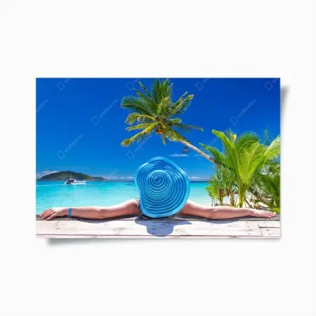 Poster tropical beach relaxation with blue sun hat • Wallissimo®