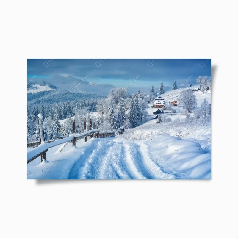 Poster winter path to an alpine village