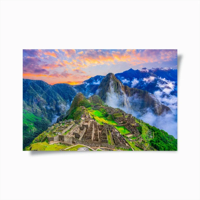 Poster sunset over Machu Picchu ancient Inca citadel