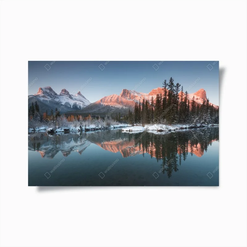 Poster sunlit mountain reflection at dawn