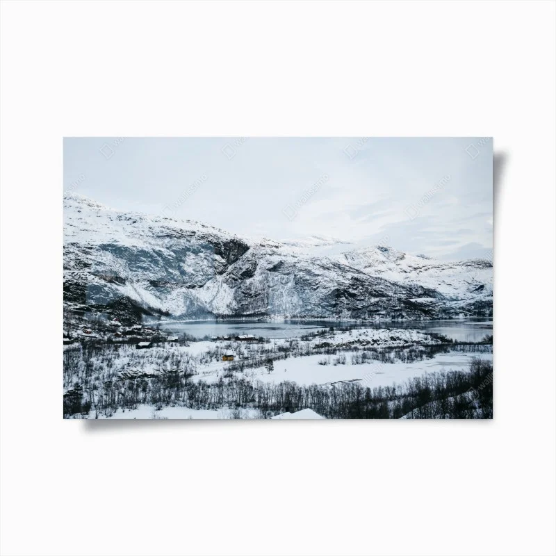 Poster serene winter mountainscape over an icy lake