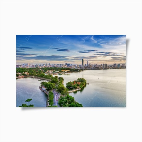 Poster tranquil lakeside cityscape at dusk • Wallissimo®