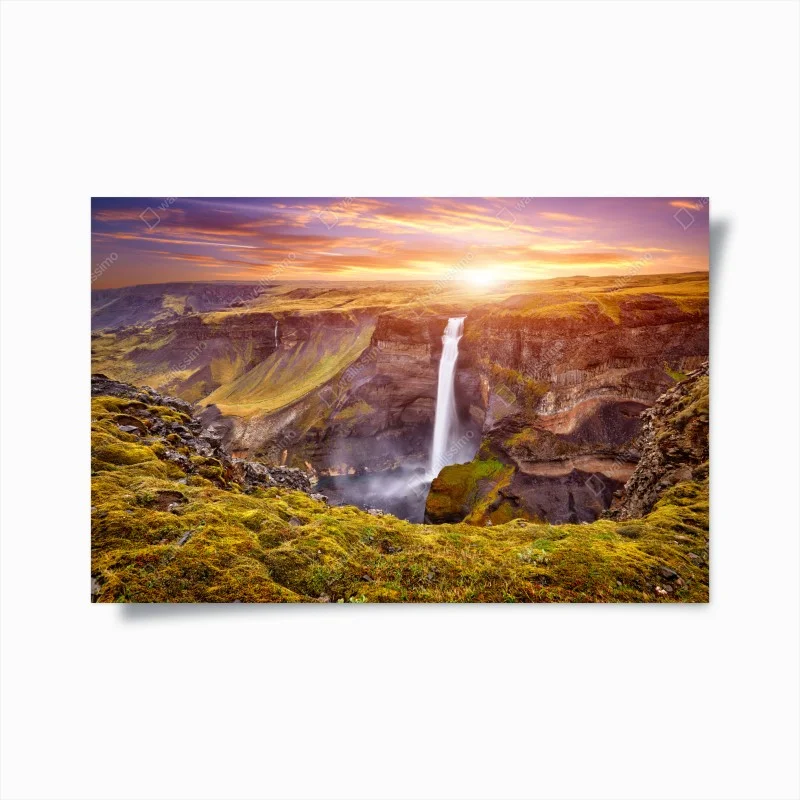 Poster Haifoss waterfall sunset panorama