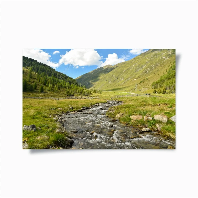 Poster alpine mountain stream in a sunlit valley