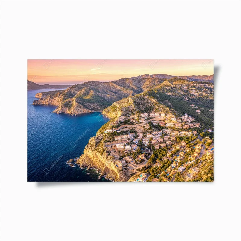 Poster sunset coastal landscape over cliffside village