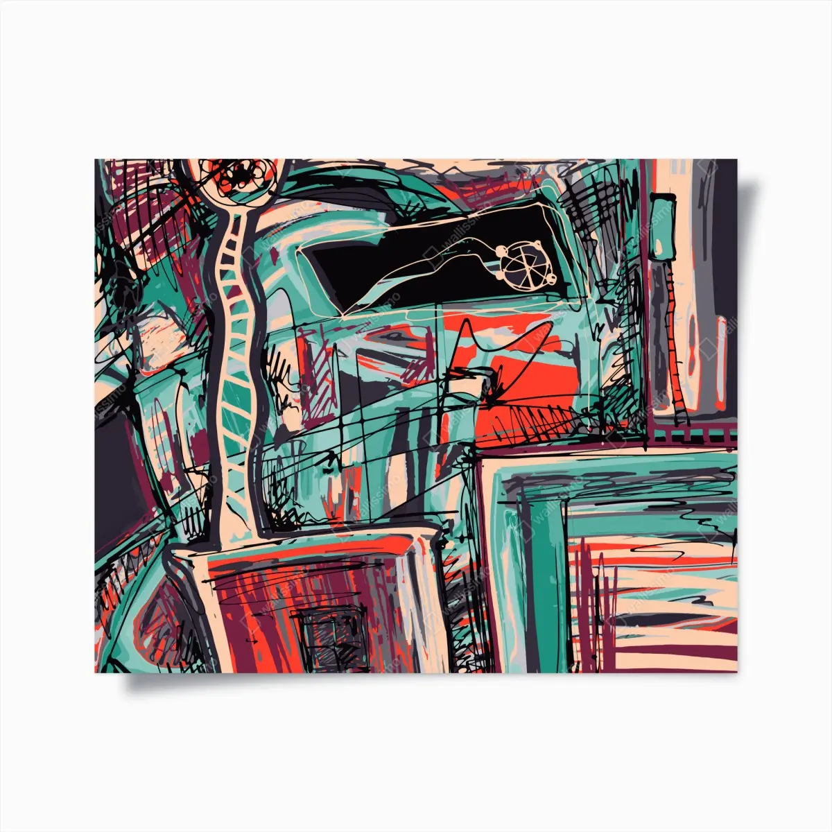Poster turquoise and coral abstract cityscape lines • Wallissimo® Poster turquoise and coral abstract cityscape lines • Wallissimo®