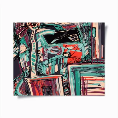Poster turquoise and coral abstract cityscape lines • Wallissimo®