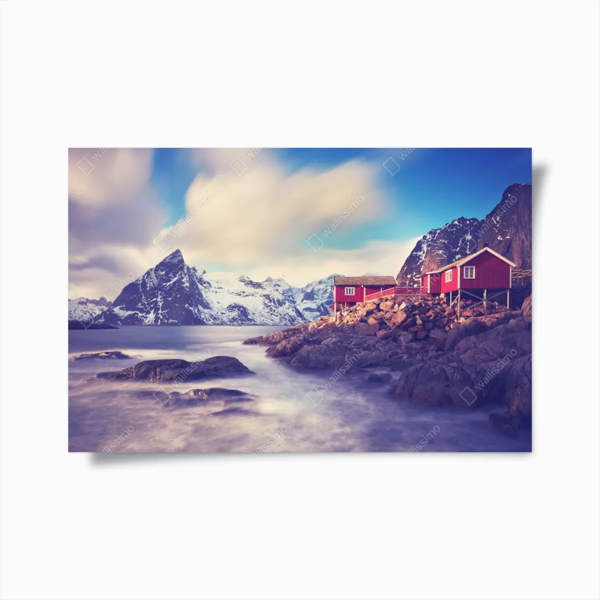 Poster coastal mountain retreat with red cabins • Wallissimo® Poster coastal mountain retreat with red cabins • Wallissimo®