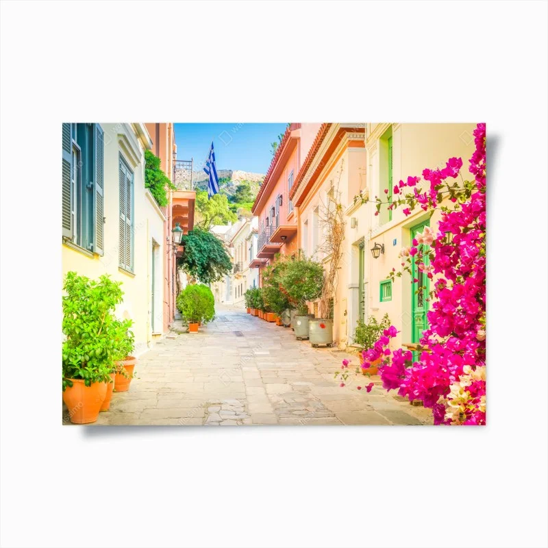 Poster sunlit Greek alley with bougainvillea