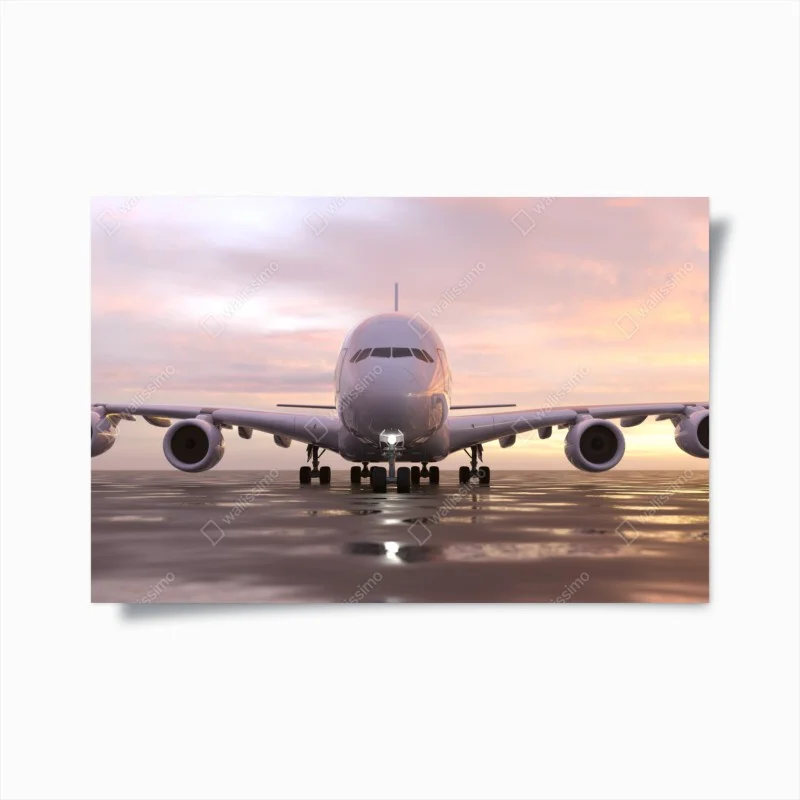 Poster front view jet on runway at sunset