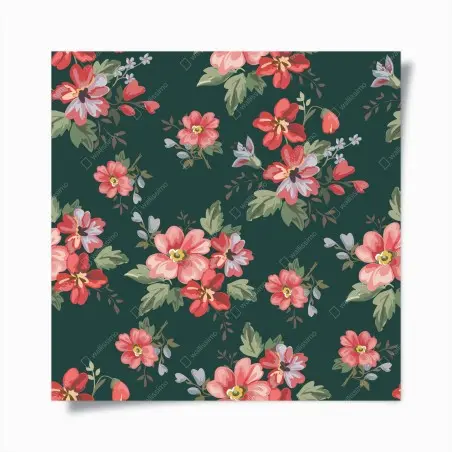 Poster vintage pink floral pattern on deep green • Wallissimo®
