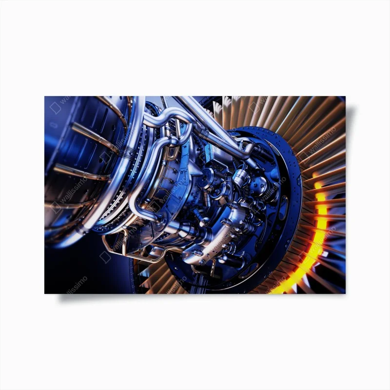 Poster jet engine turbine close-up in blue and orange