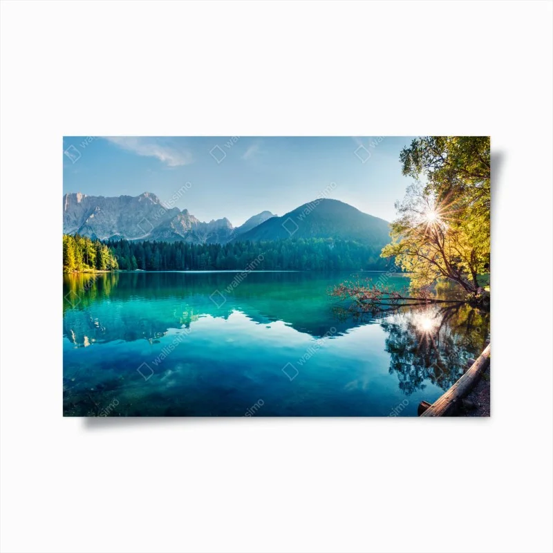 Poster sunlit Fusine lake, Julian Alps morning panorama