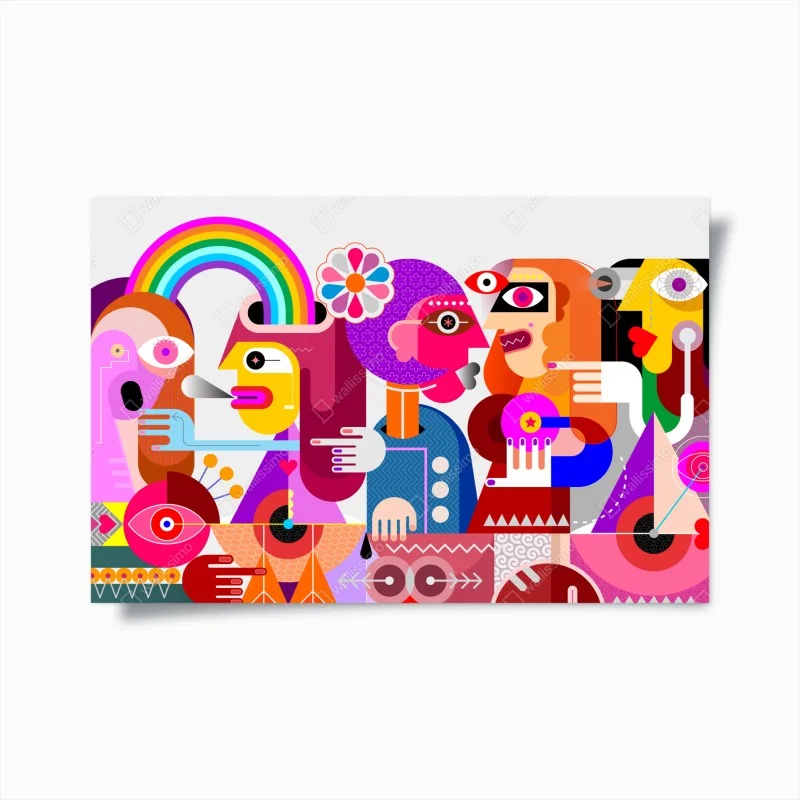 Poster man with rainbow riding geometric bird