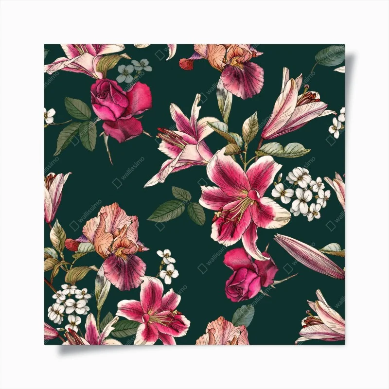 Poster vintage botanical floral pattern on deep green