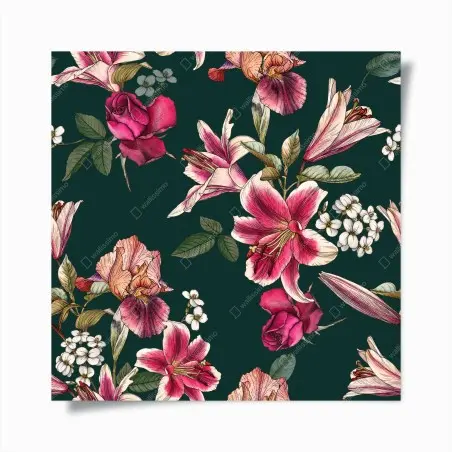 Poster vintage botanical floral pattern on deep green • Wallissimo®