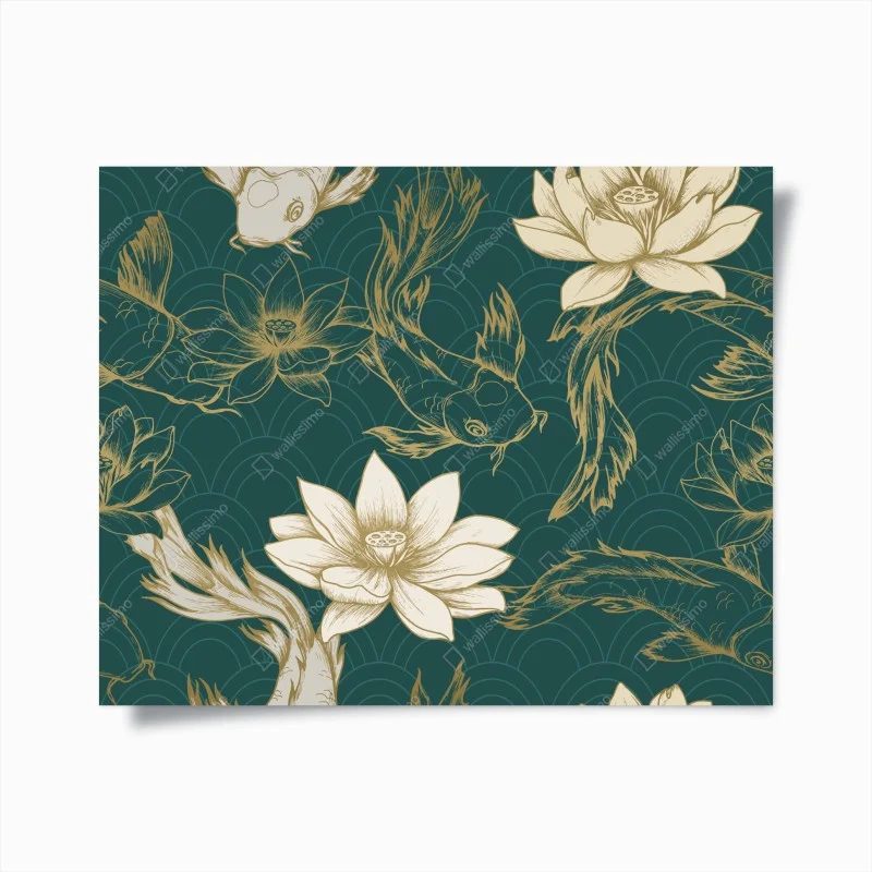 Poster oriental koi and lotus pattern in teal and gold