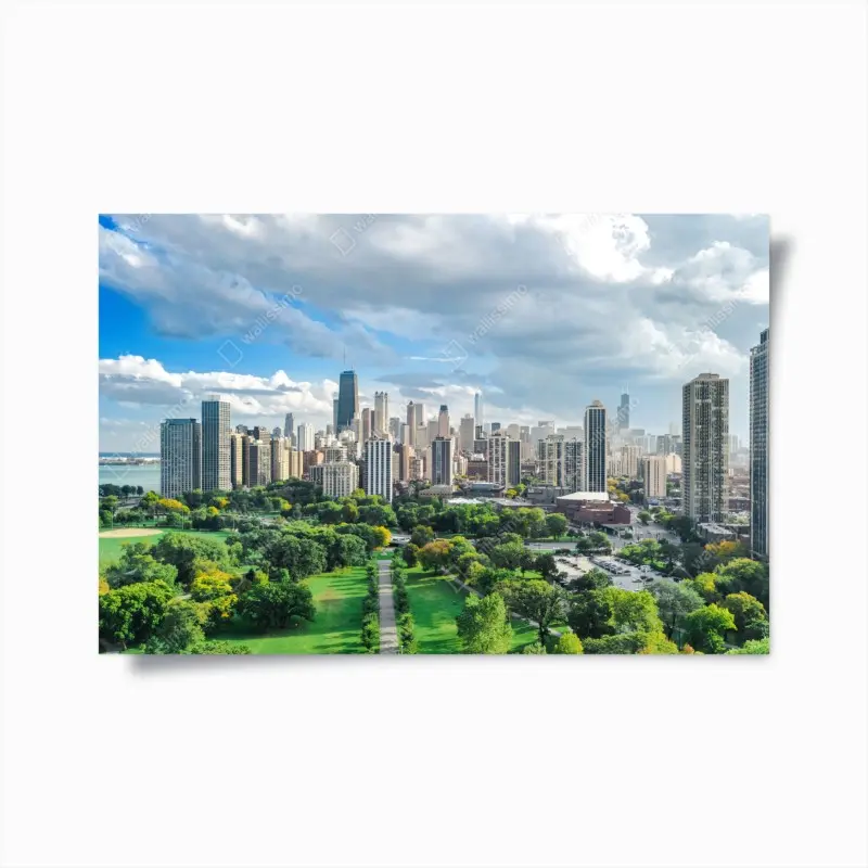 Poster city skyline above a green park