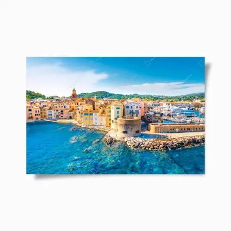 Poster sunlit Mediterranean harbor cityscape • Wallissimo®