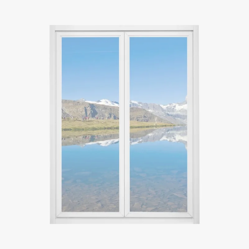 Window decal alpine mountain reflection over calm lake