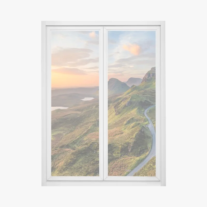 Window decal sunset over rolling green hills