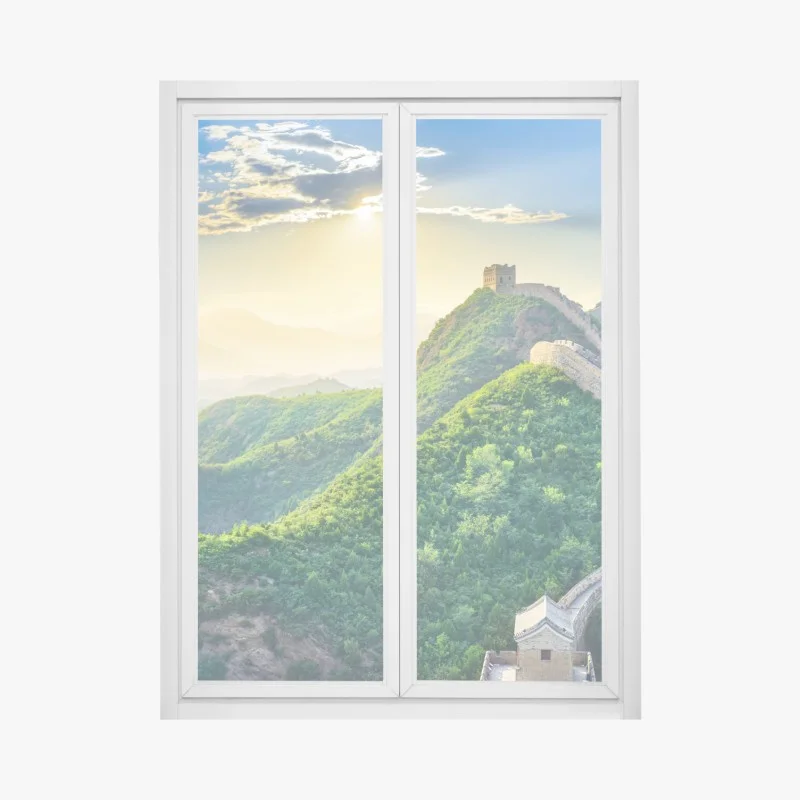 Window decal Great Wall at sunrise over green mountains