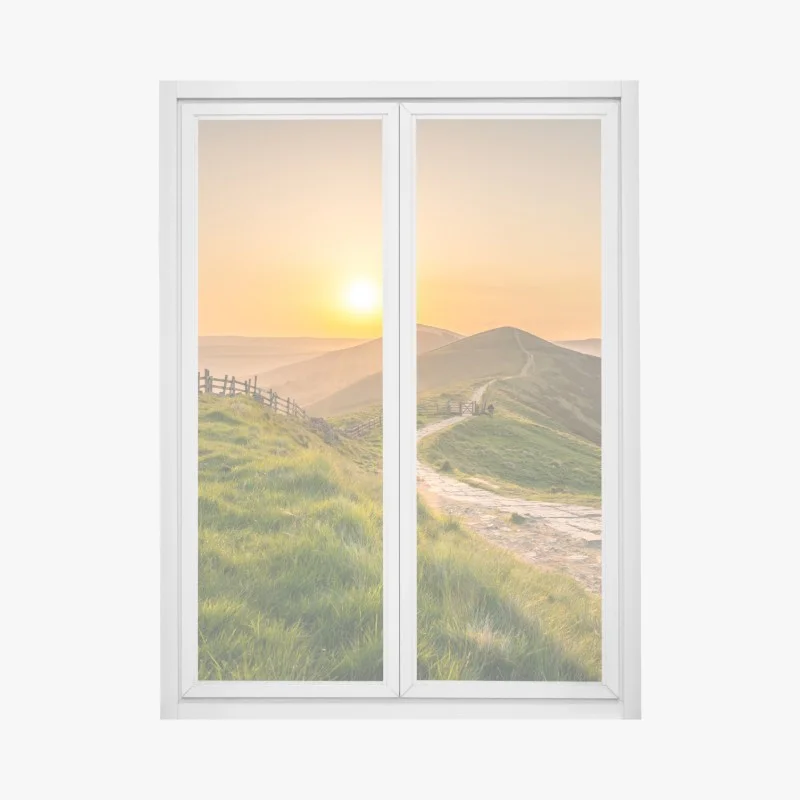 Window decal sunrise over rolling green hills
