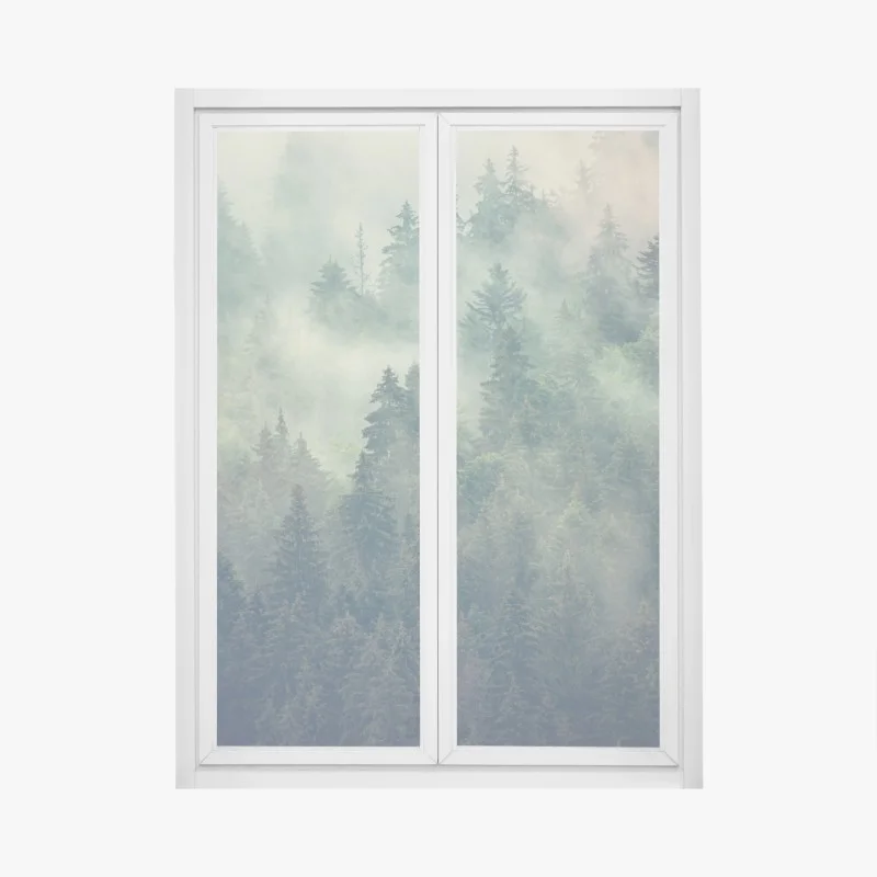 Window decal misty evergreen forest at dawn