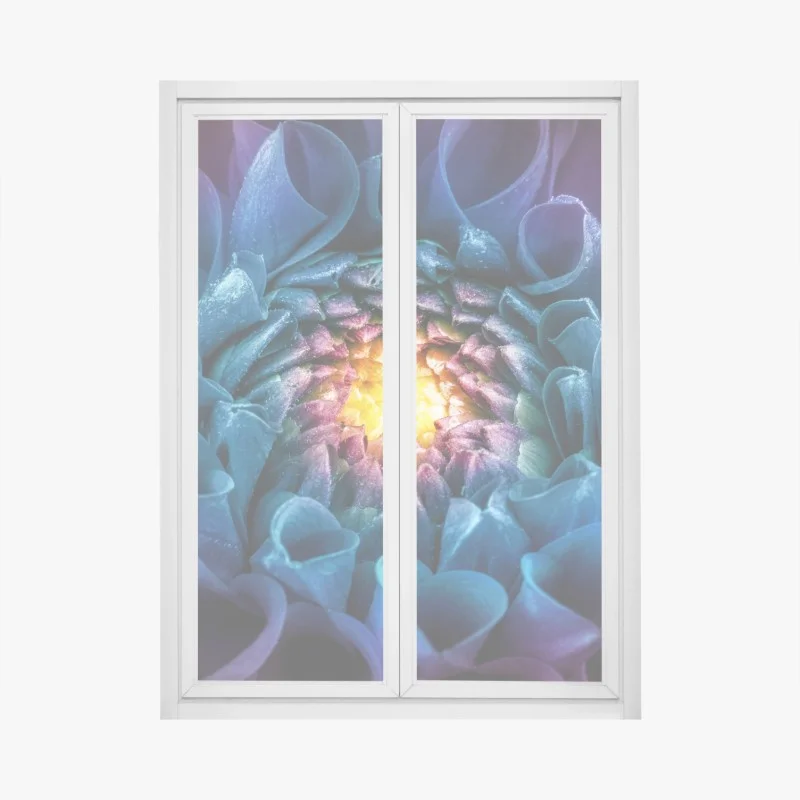 Window decal vibrant blue chrysanthemum close-up