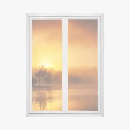 Window decal golden sunrise over a misty lake • Wallissimo®