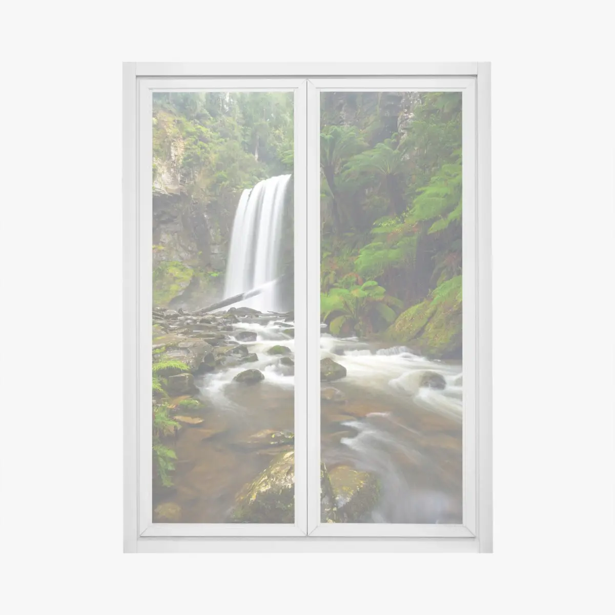 Window decal lush green waterfall in fern-filled forest • Wallissimo®