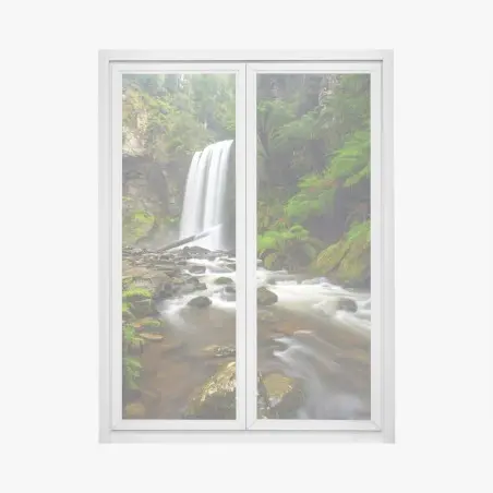 Window decal lush green waterfall in fern-filled forest • Wallissimo®