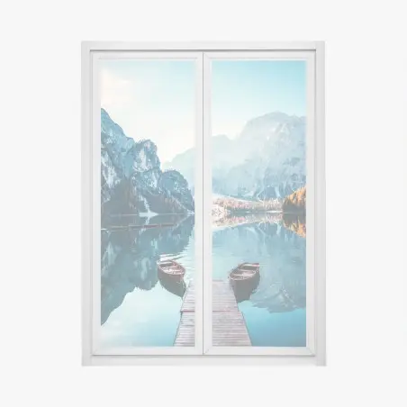 Window decal sunlit dock at Braies Lake, Dolomites • Wallissimo®