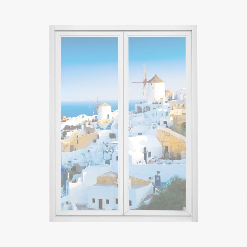 Window decal sunlit Santorini village by the sea