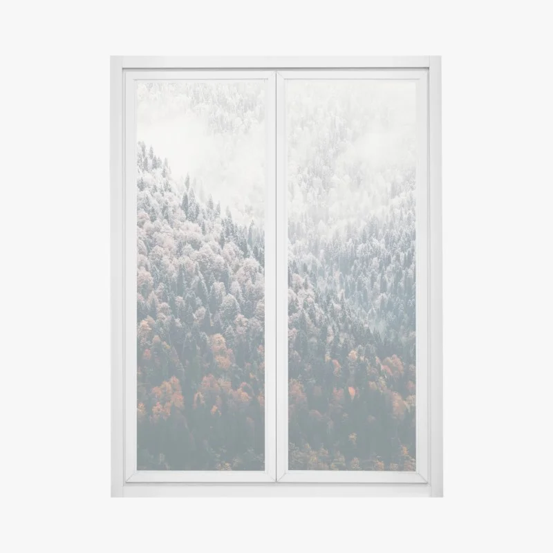 Window decal misty autumn forest on snowy mountain